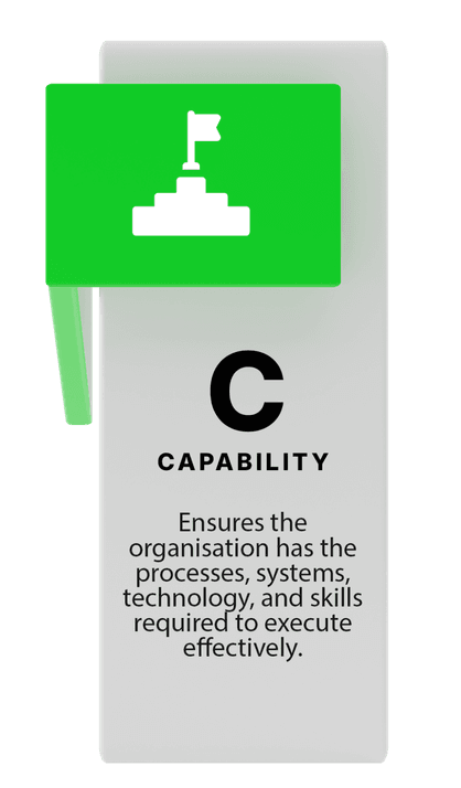 Capability: Ensures the organisation has the processes, systems, technology, and skills required to execute effectively.